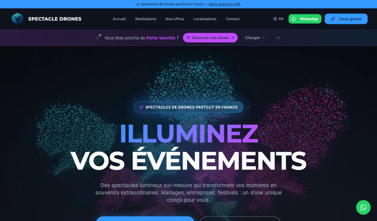 Page d'accueil de spectacledrones.fr, site construit par SOCLE