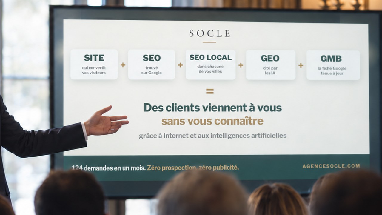 Écran de conférence SOCLE : site, SEO, SEO local, GEO et fiche Google — des clients viennent à vous sans vous connaître